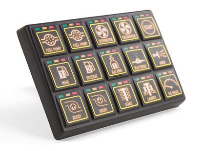 Close-up of Haltech CAN Keypad 15 backlit button icons