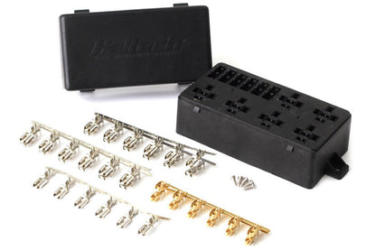 Haltech 6 Circuit Fuse Box with Lid, pins, and mounting hardware