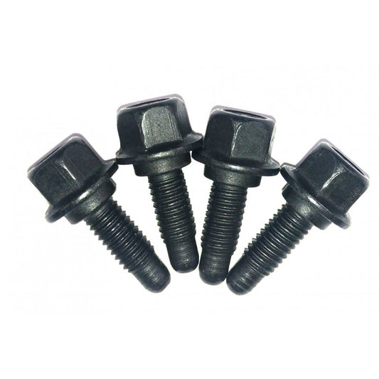 A set of four black Genuine GM LS Lifter Guide Bolts with hex flange heads, designed for securing lifter trays in GM LS-series engines