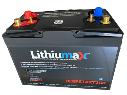 Top view of Lithiumax DEEPSTART100 deep-cycle battery