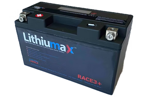 Lithiumax RACE3+ LCD 360CA Motorcycle Starter Battery – Front View