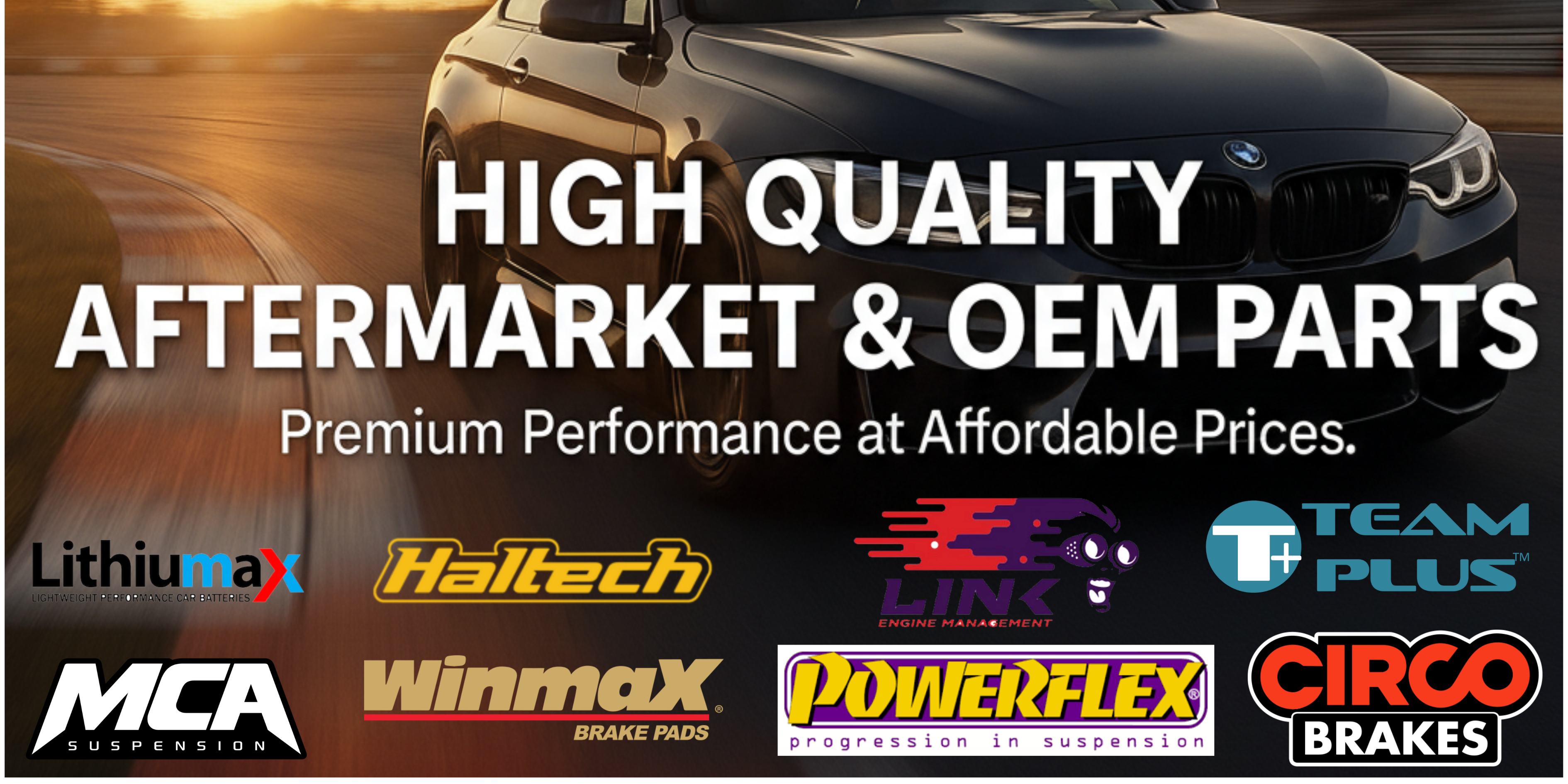 Advertisement for high-quality aftermarket and OEM parts with car and brand logos.