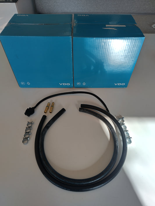 BMW E36 twin fuel pump anti-starvation kit complete contents with VDO pumps, E85 fuel hose, adaptors and clamps