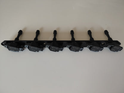 Anodised billet coil bracket with six R35 GTR ignition coils fitted, for Nissan RB engines